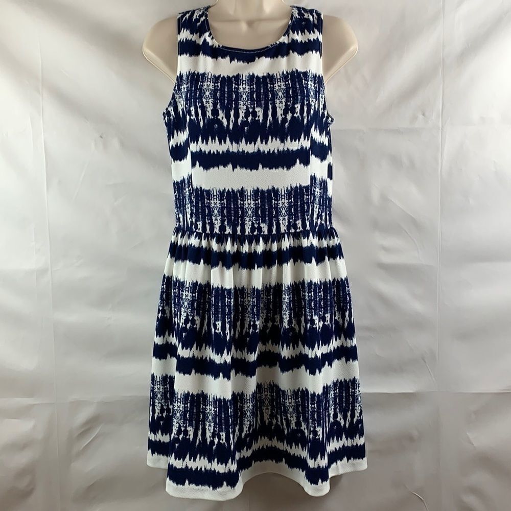 Aqua Navy and white print knit fit & flare dress